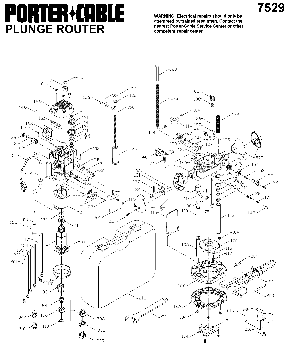 Default Diagram and Parts List for PC7529 Type 1 Porter Cable Router